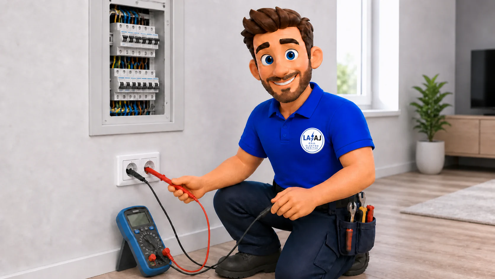 Ilustracija: električar LA-AL pri meritvah in diagnostiki električne napeljave